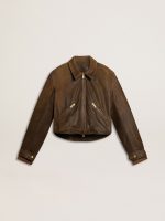 Women's cropped brown leather biker jacket with zip