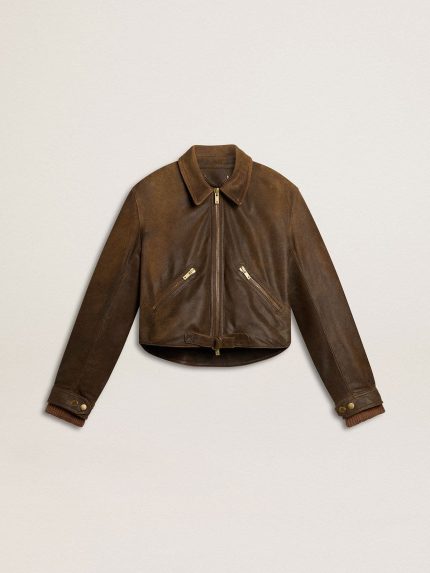 Women's cropped brown leather biker jacket with zip