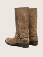 Women's high Biker boots in dark beige waxed suede with strap and a silver-colored buckle - Image 4