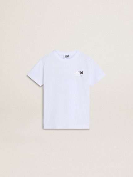 Kids' white cotton T-shirt with silver print