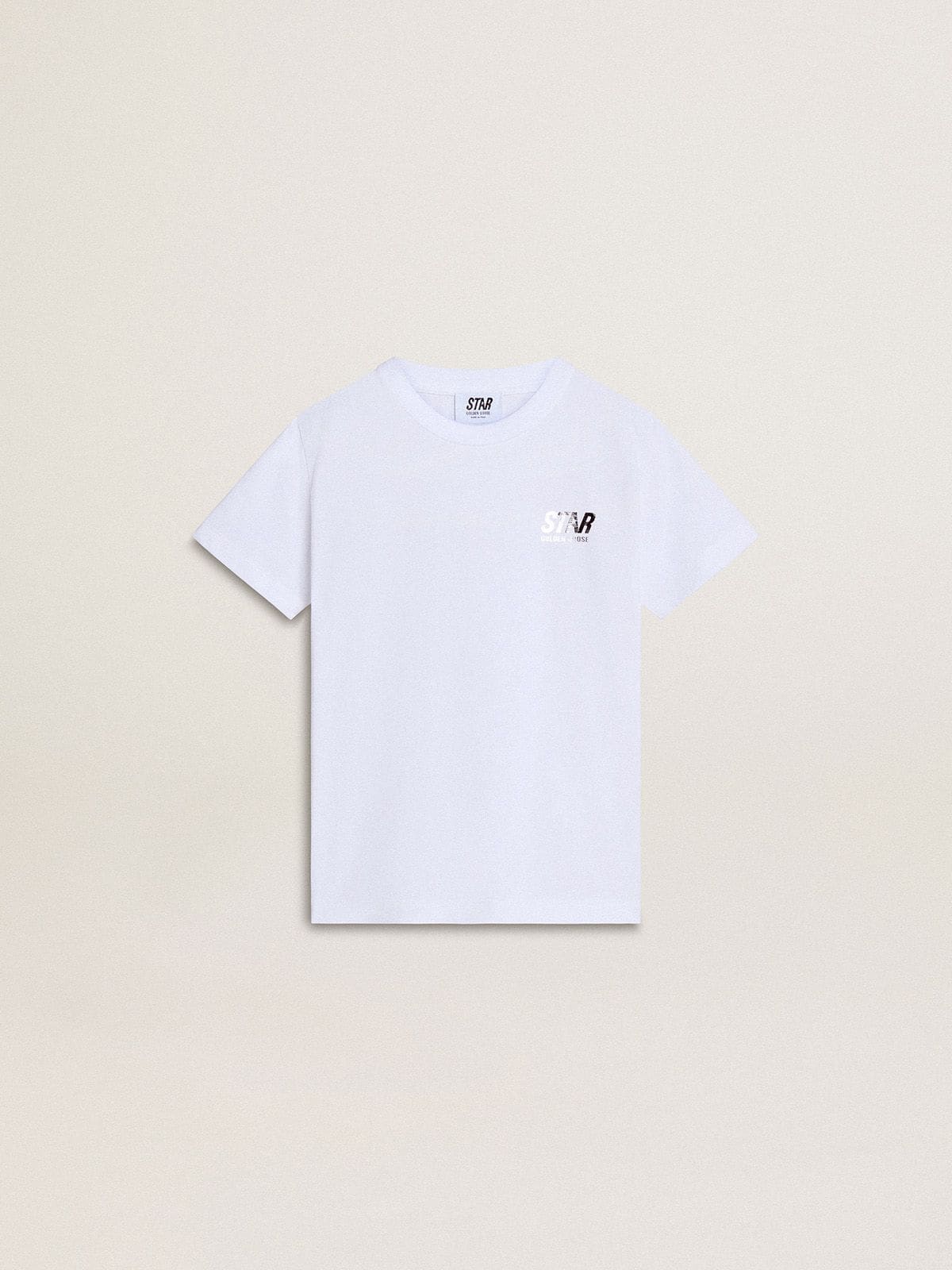 ff0dc1f559e2dbe58e3ecccb8220a023d15330d76306d91cd5d860e006fe7a02 Kids' white cotton T-shirt with silver print - Image 1