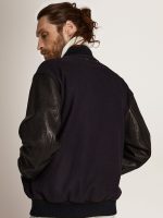 Men's bomber jacket in dark blue wool with leather sleeves - Image 4