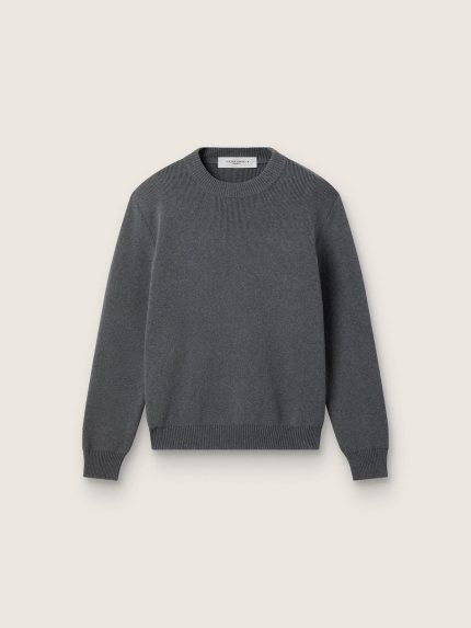Women's round-neck sweater in dark gray cotton with logo on the back
