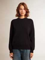 Women's round-neck sweater in dark blue cotton with logo on the back - Image 5